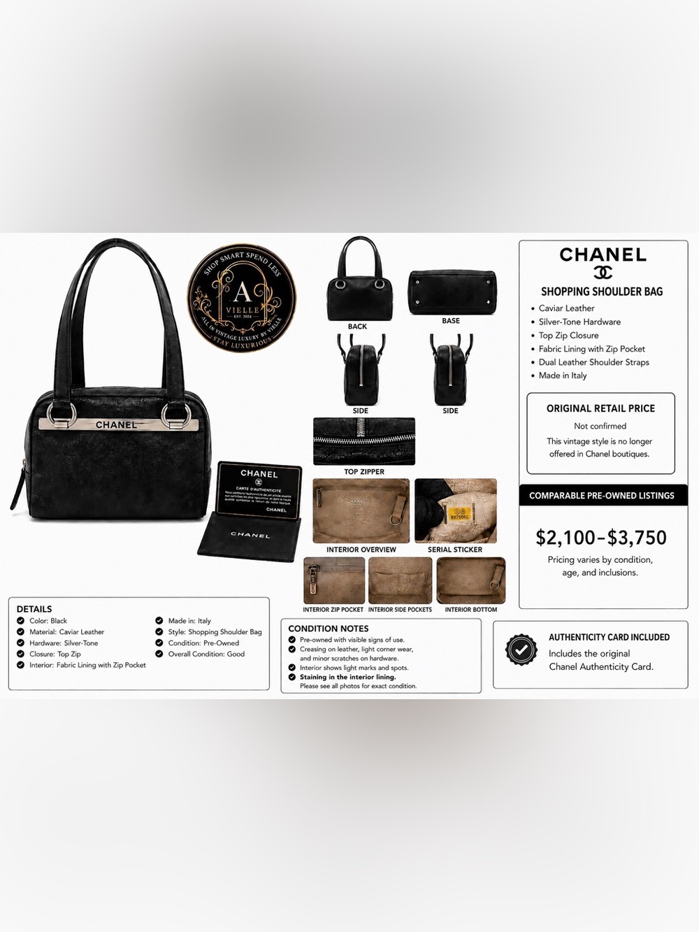Vintage Chanel Black Caviar Leather Shoulder Tote Silver Logo Bar 9 Series